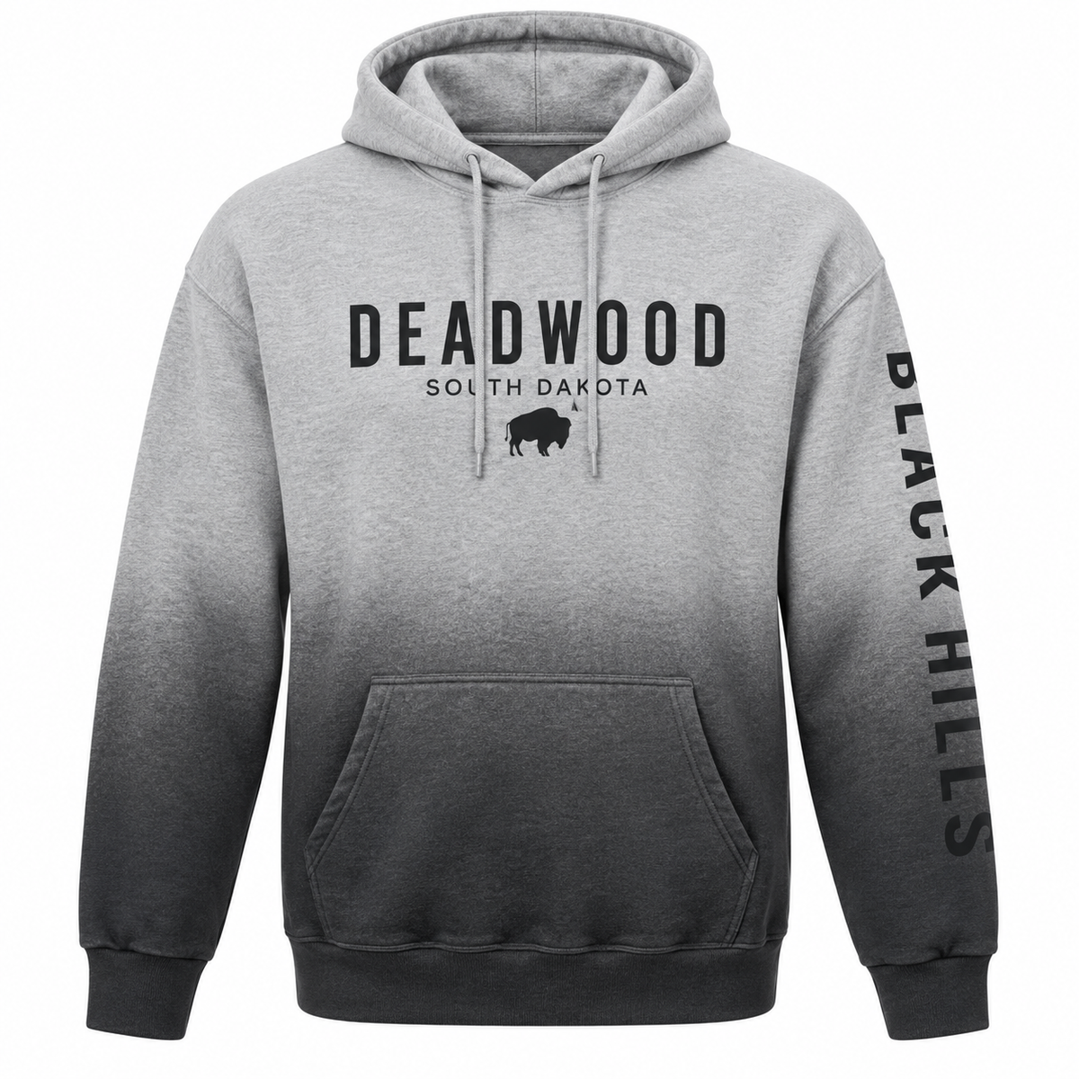 Grey-to-charcoal Deadwood buffalo printed hoodie, front