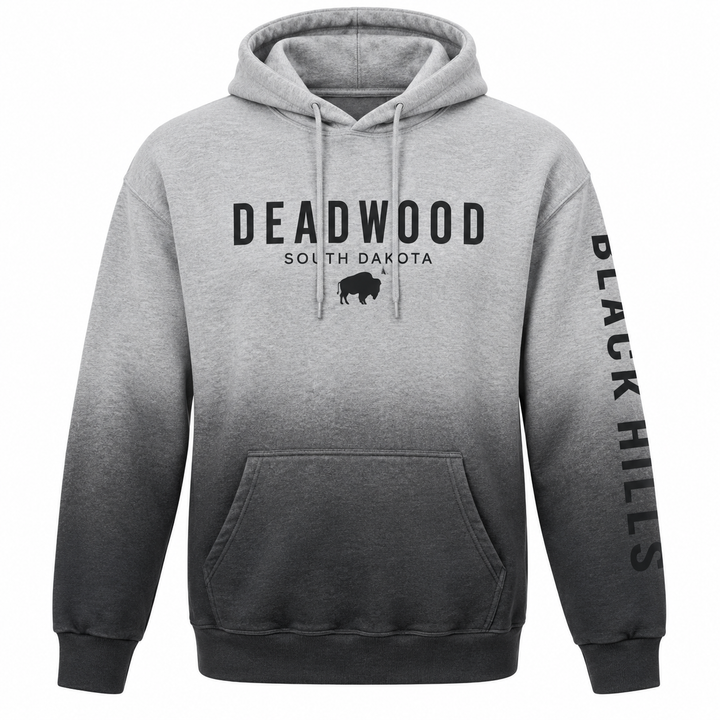 Grey-to-charcoal Deadwood buffalo printed hoodie, front
