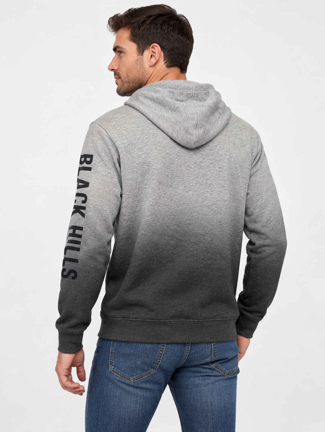 AI-generated model wearing grey ombre hoodie, rear and sleeve view