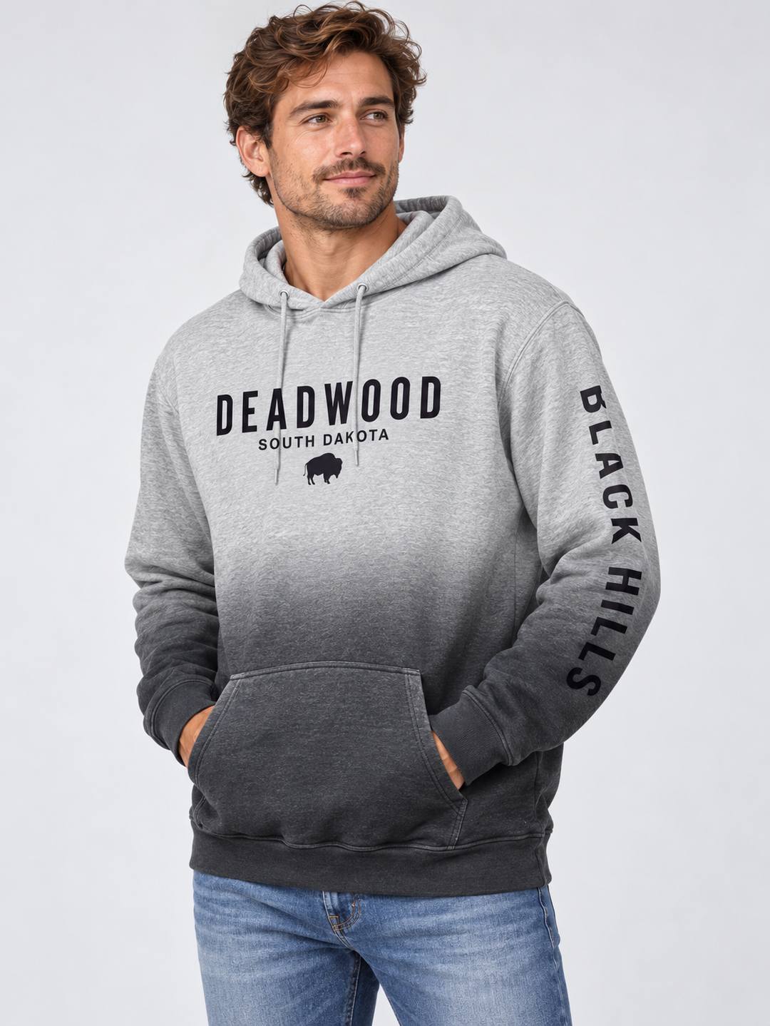 AI-generated model wearing Deadwood grey ombre hoodie, front and sleeve view