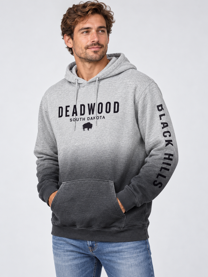 AI-generated model wearing Deadwood grey ombre hoodie, front and sleeve view