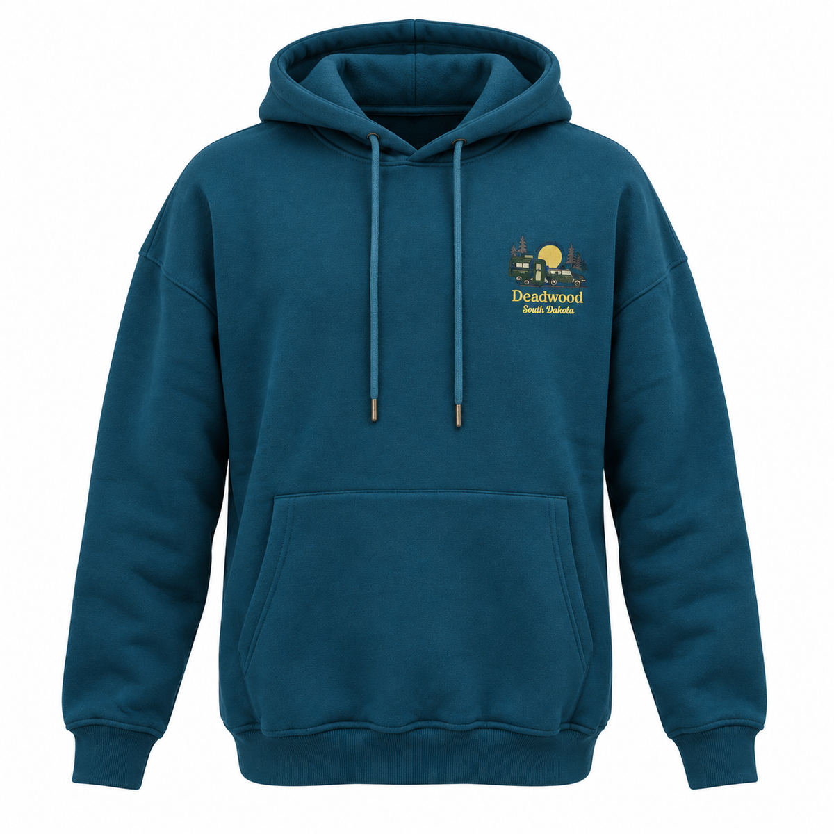 Deadwood Camper Soft Hoodie in teal — front camper chest design