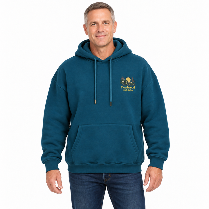 Deadwood Camper Soft Hoodie in teal — front model styling preview