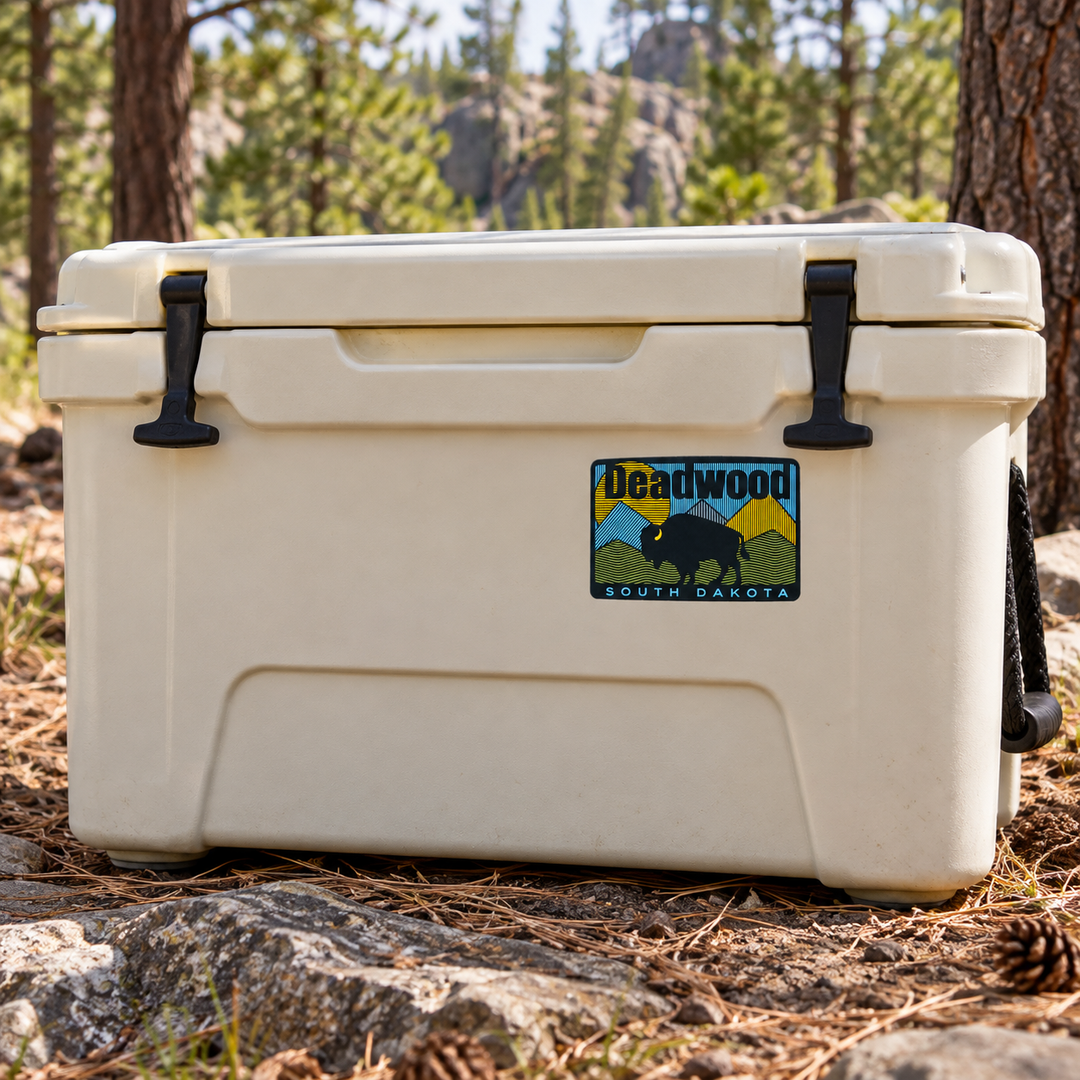 Deadwood Contour Mountain &amp; Bison Rectangle Sticker on a camping cooler — realistic scale lifestyle display; accessories not included