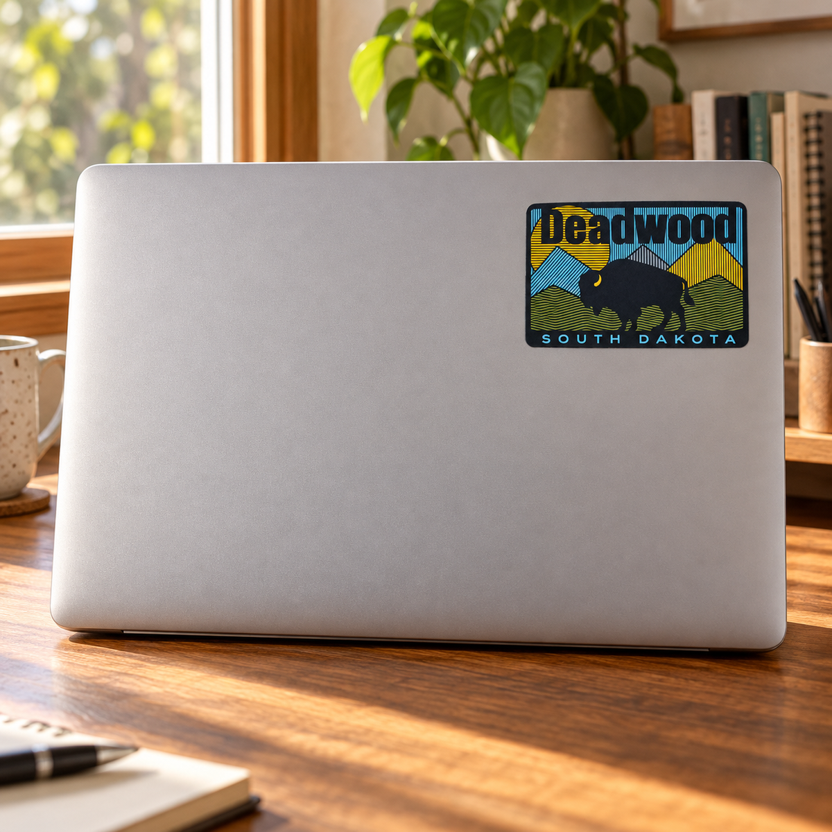 Deadwood Contour Mountain & Bison Rectangle Sticker on a laptop cover — realistic scale lifestyle display; accessories not included