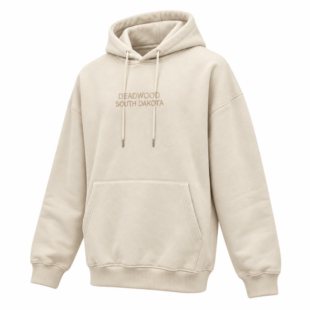 Ivory Deadwood South Dakota heavyweight pullover hoodie, angled front view