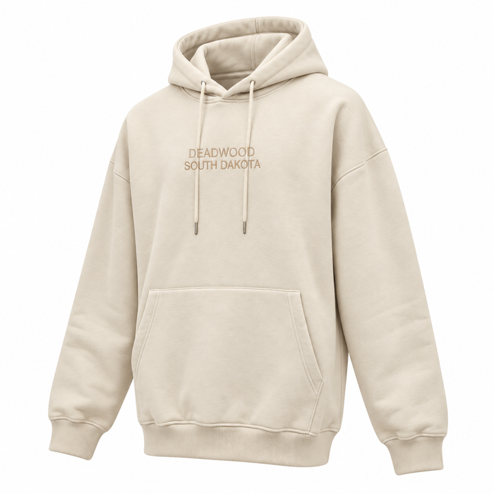 Ivory Deadwood South Dakota heavyweight pullover hoodie, angled front view