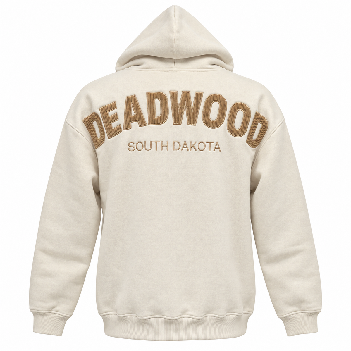 Ivory Deadwood soft hoodie, tan raised appliqué letters with fine stripe texture