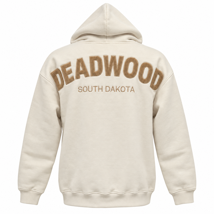 Ivory Deadwood soft hoodie, tan raised appliqué letters with fine stripe texture