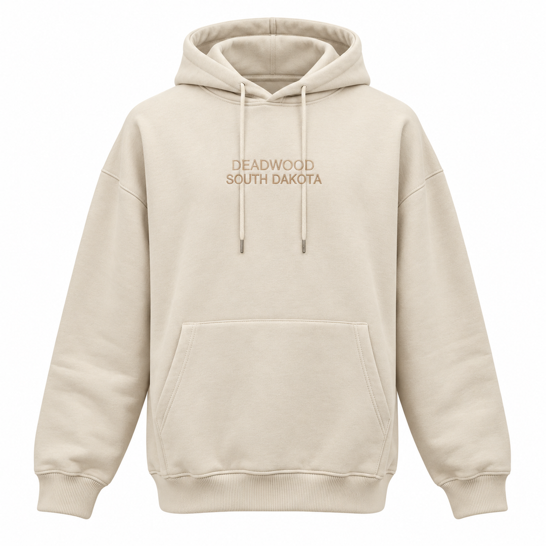 Ivory Deadwood South Dakota hooded sweatshirt, embroidered front and kangaroo pocket