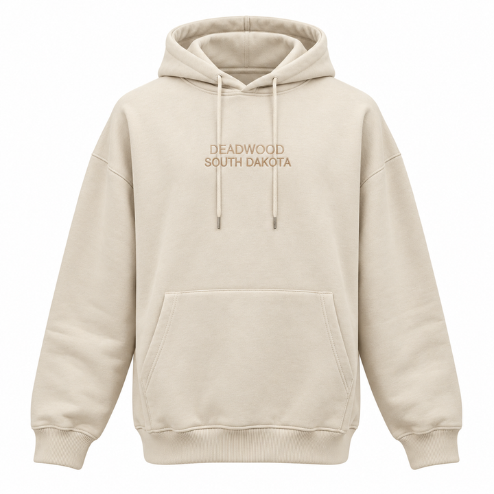 Ivory Deadwood South Dakota hooded sweatshirt, embroidered front and kangaroo pocket