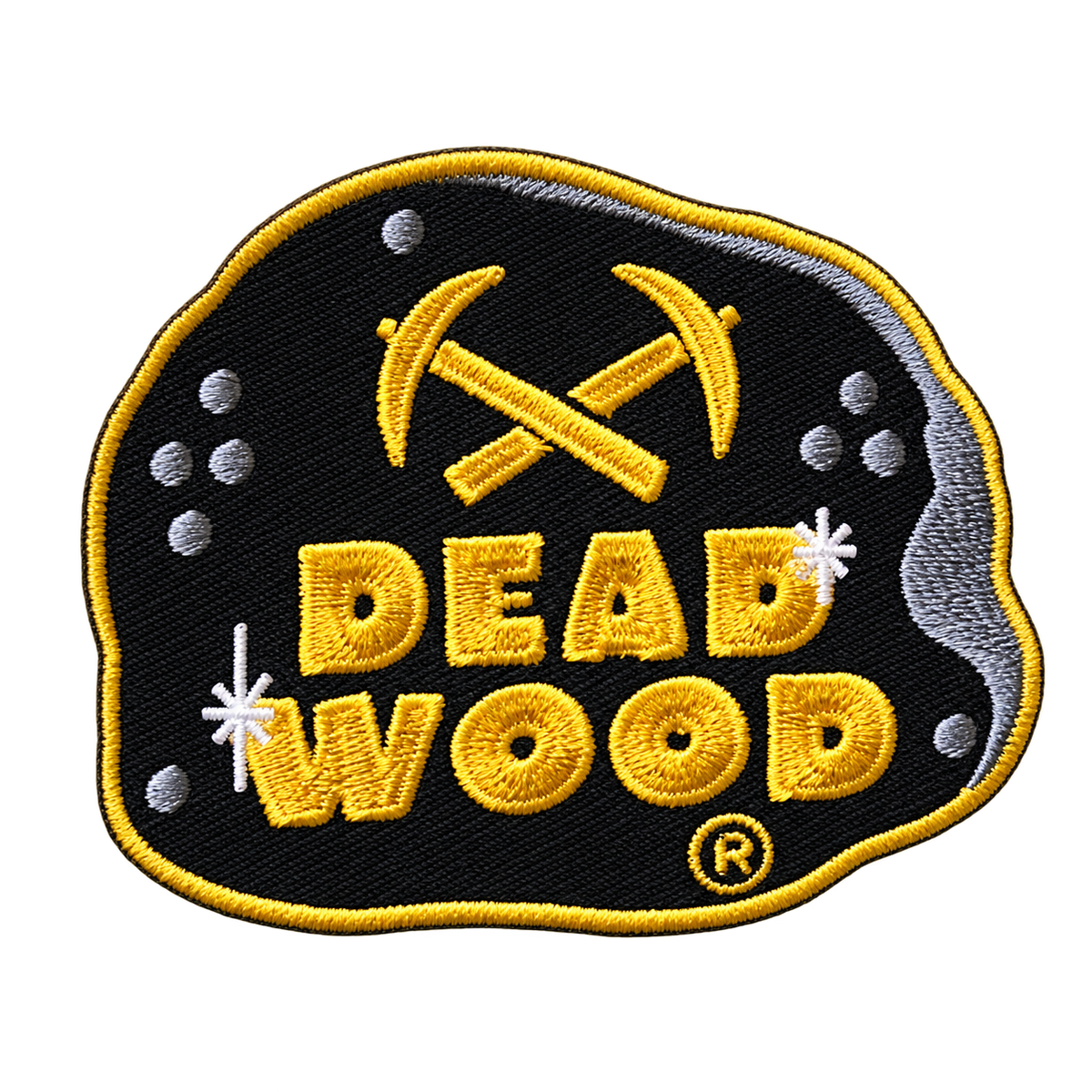 Deadwood Crossed Pickaxes Embroidered Patch — patch alone, transparent background