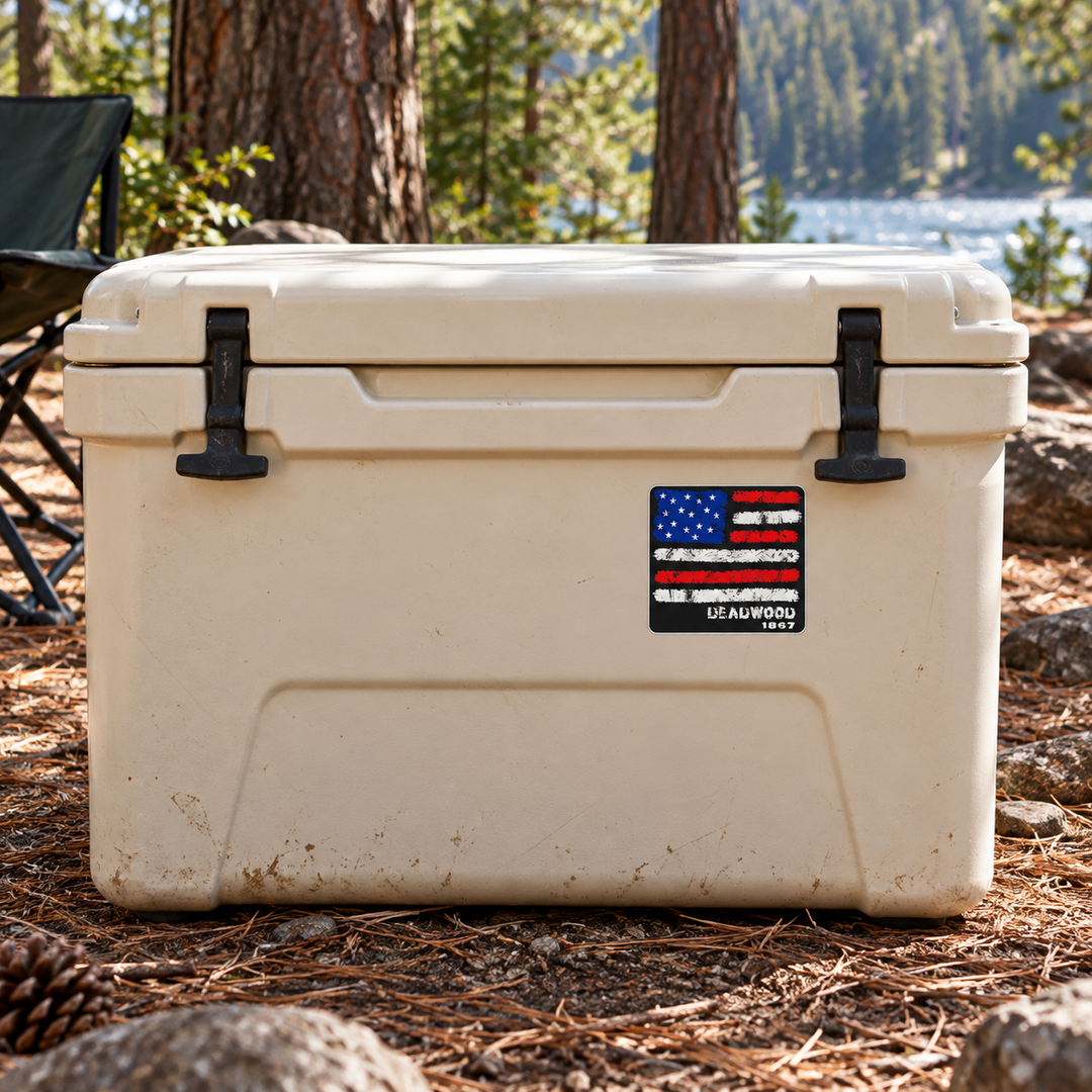 Deadwood Distressed American Flag Sticker on a camping cooler — realistic scale lifestyle display; accessories not included