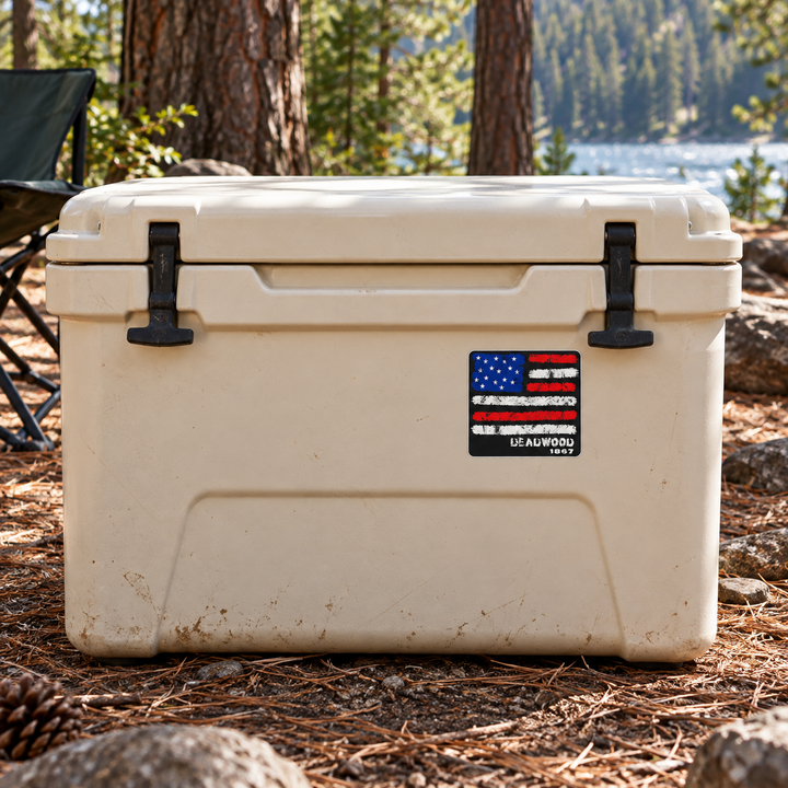 Deadwood Distressed American Flag Sticker on a camping cooler — realistic scale lifestyle display; accessories not included