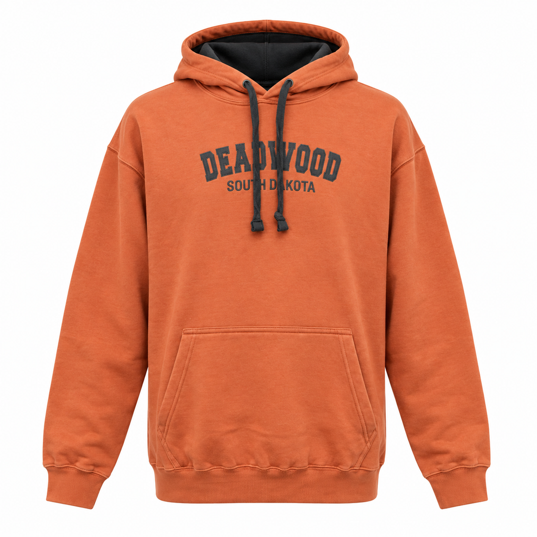 Terracotta Deadwood hoodie with charcoal front embroidery