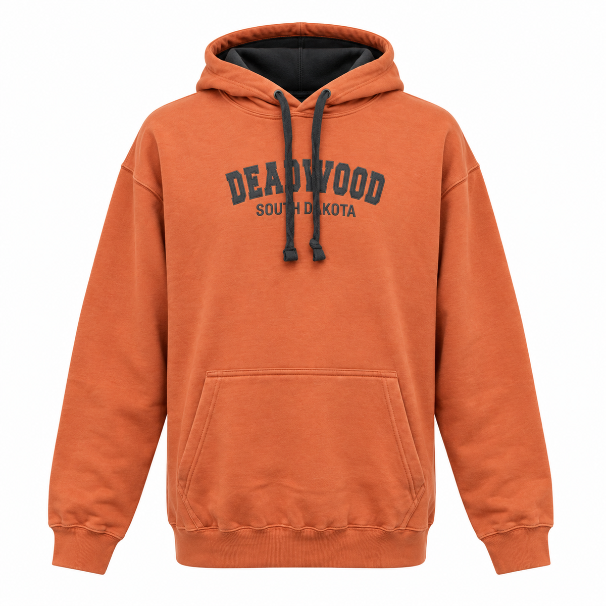 Terracotta Deadwood hoodie with charcoal front embroidery