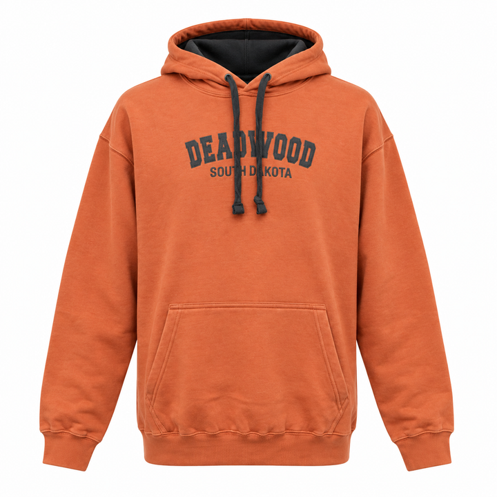 Terracotta Deadwood hoodie with charcoal front embroidery