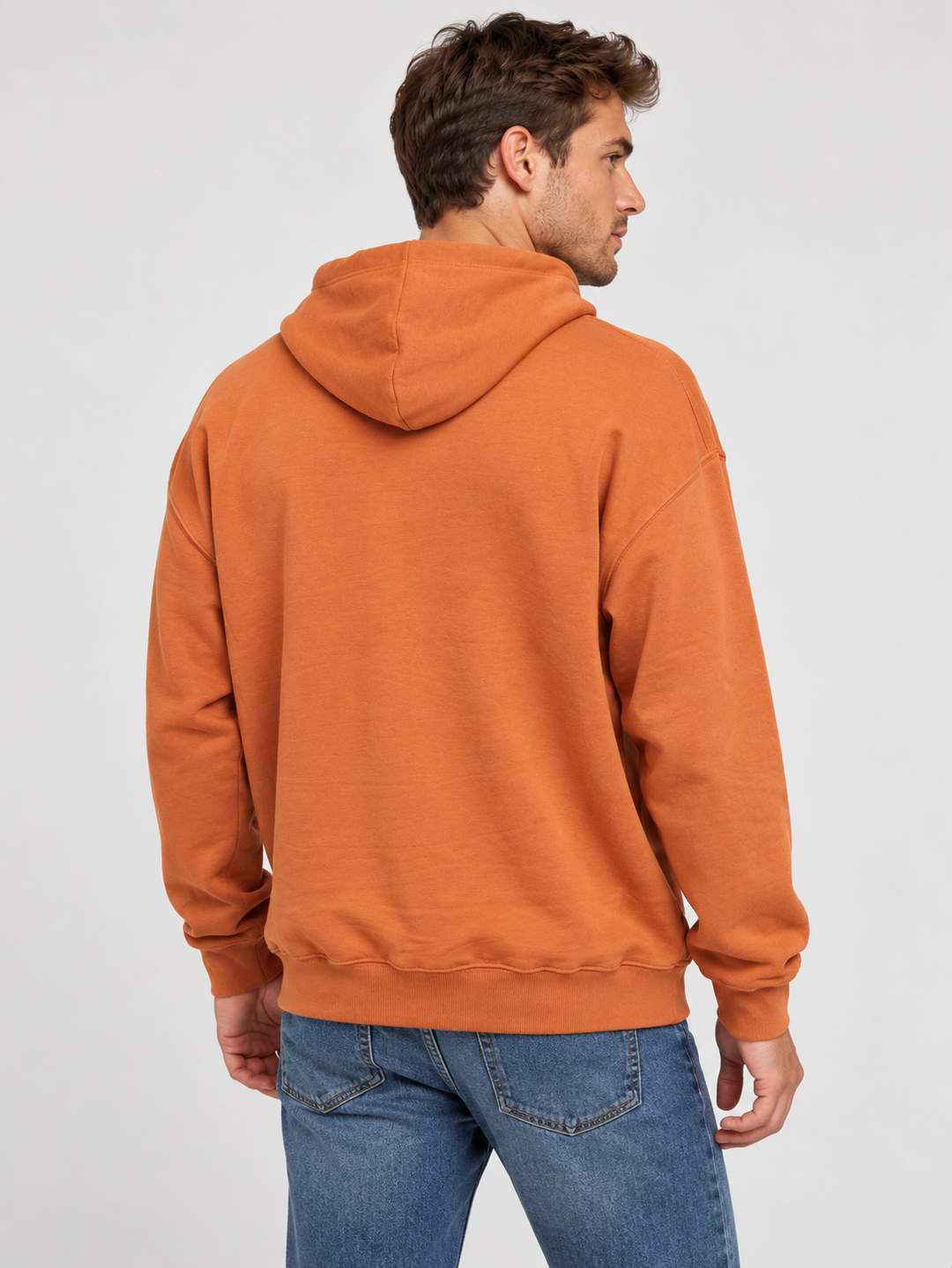 AI-generated model view of terracotta hoodie, plain back