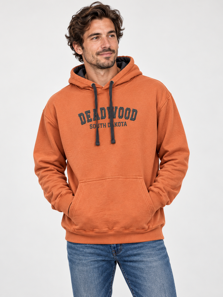 AI-generated model view of terracotta Deadwood embroidered hoodie, front