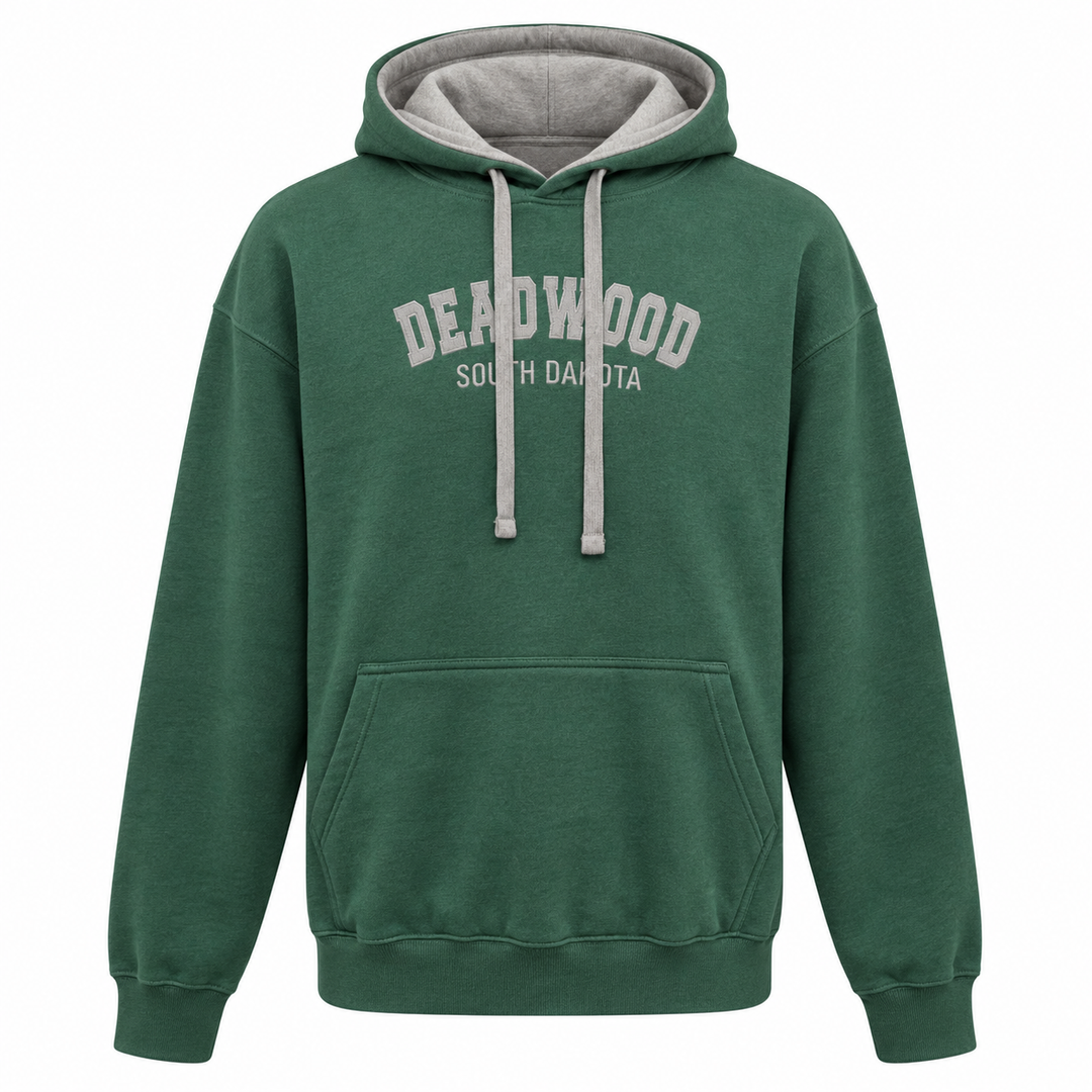 Forest green Deadwood embroidered hoodie with contrasting grey hood lining and drawstrings