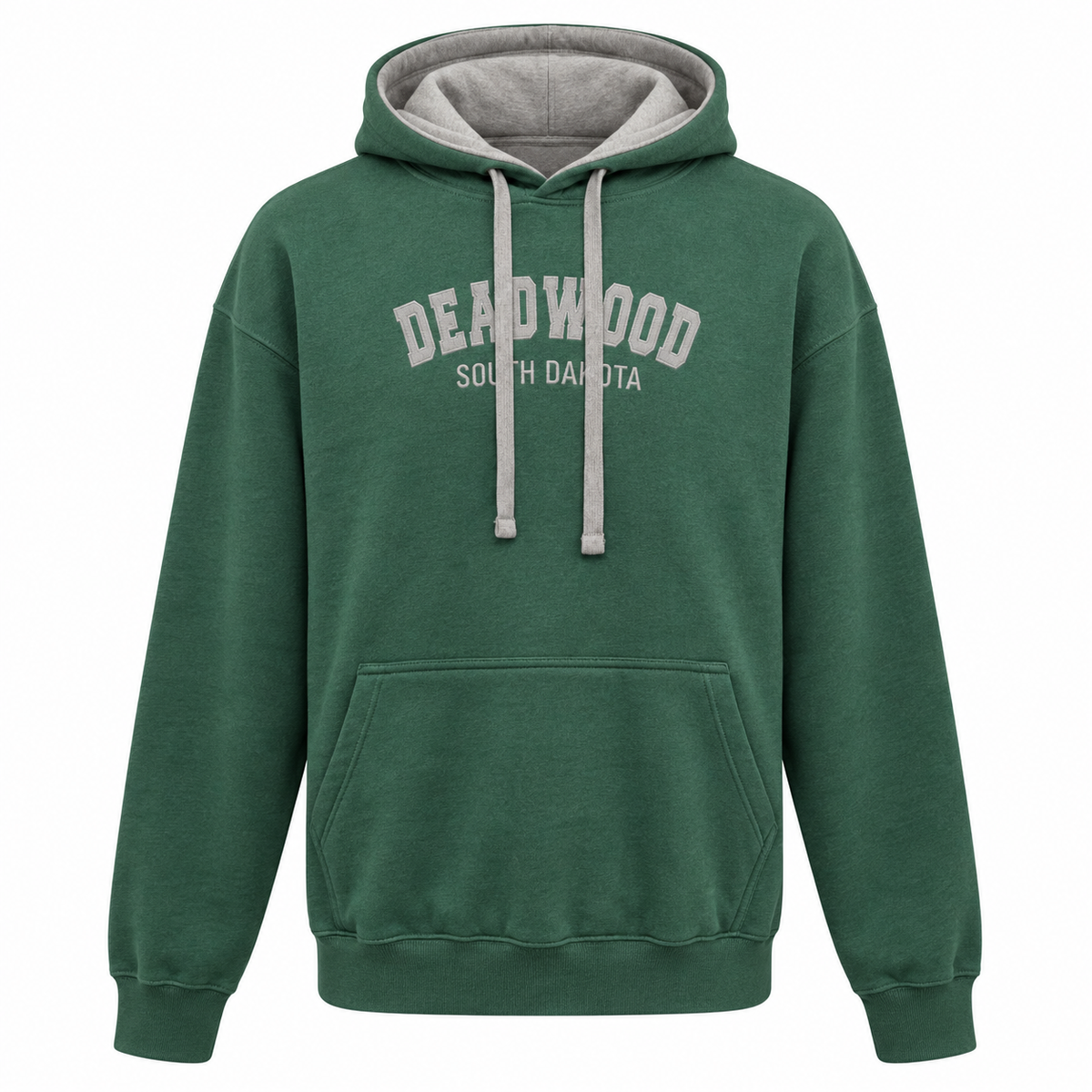 Forest green Deadwood embroidered hoodie with contrasting grey hood lining and drawstrings