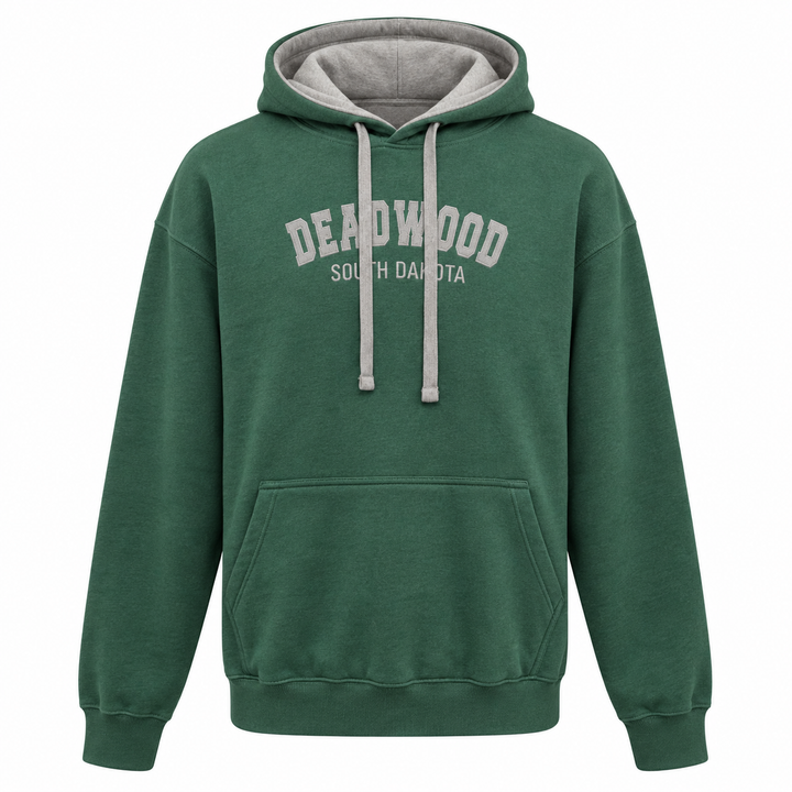 Forest green Deadwood embroidered hoodie with contrasting grey hood lining and drawstrings