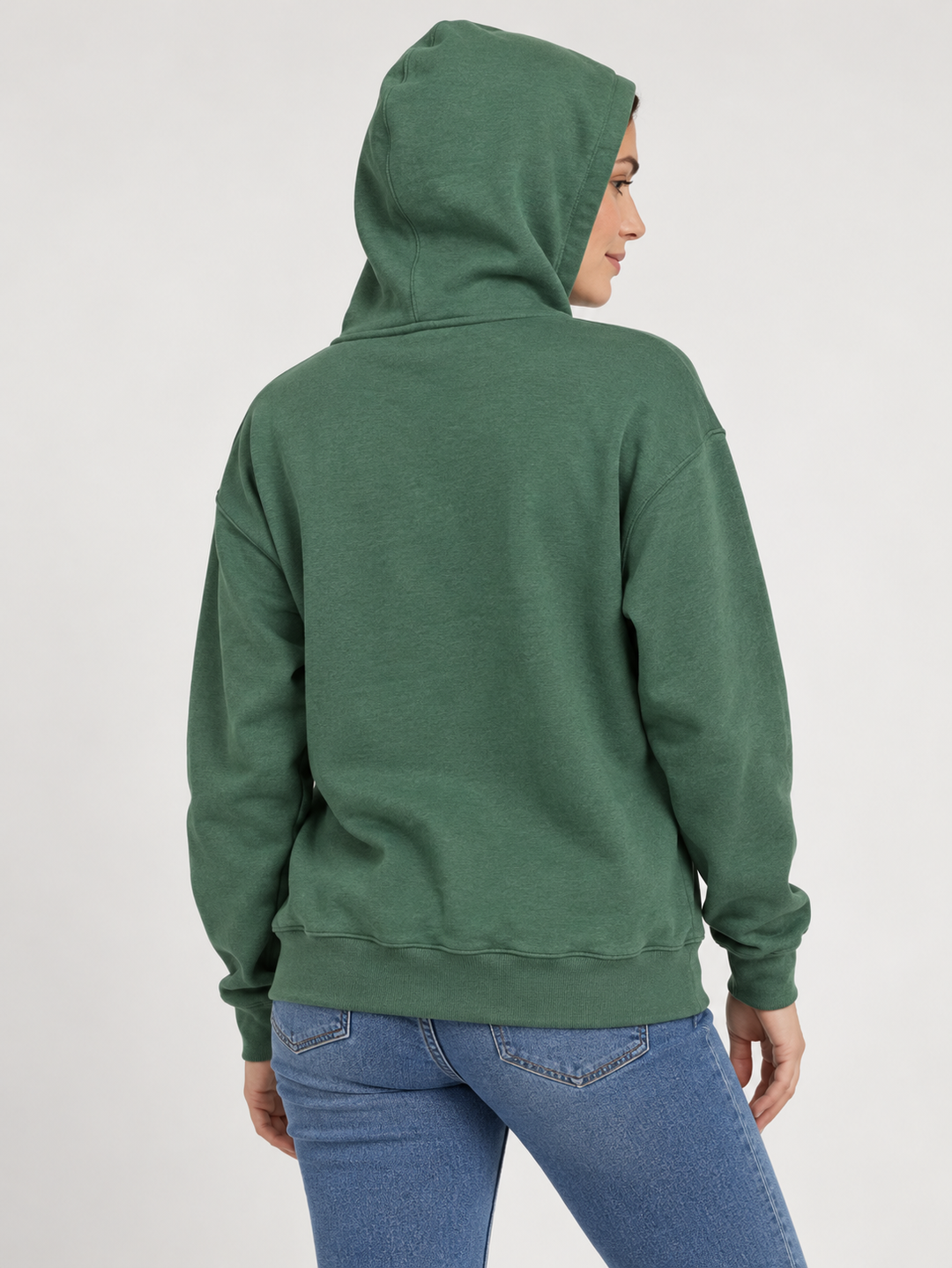 AI-generated model wearing forest green Deadwood hoodie, plain back with hood up
