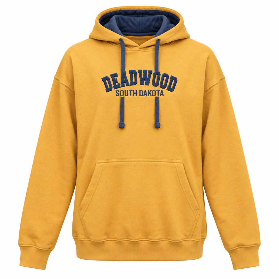 Camel Deadwood embroidered unisex hoodie — front embroidered Deadwood South Dakota lettering and contrast hood lining