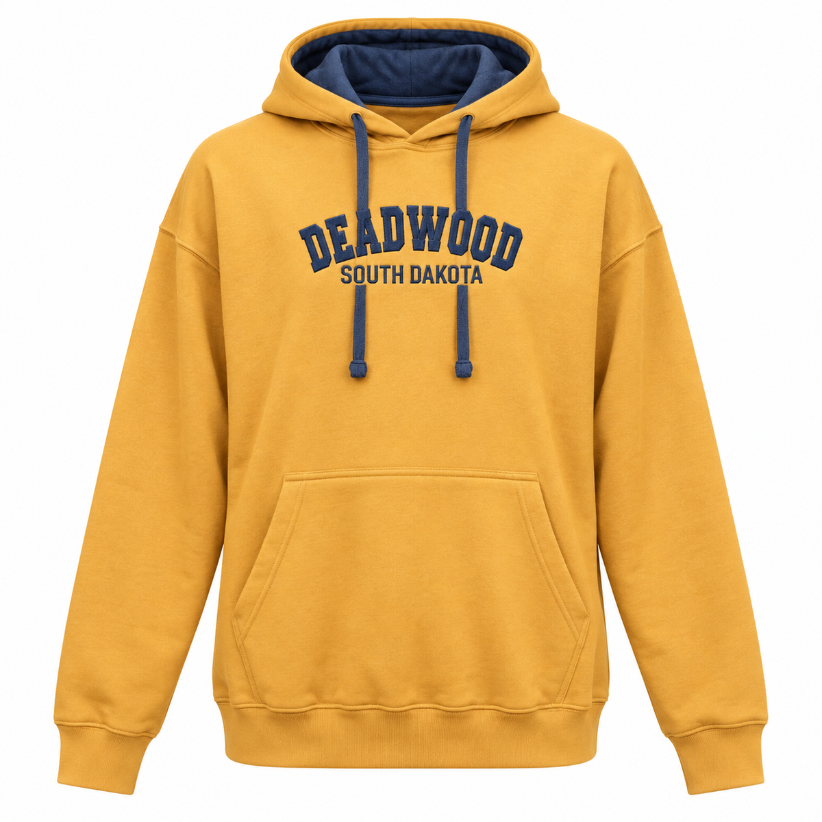 Camel Deadwood embroidered unisex hoodie — front embroidered Deadwood South Dakota lettering and contrast hood lining