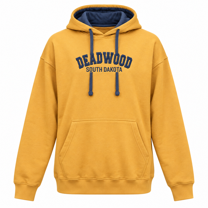 Camel Deadwood embroidered unisex hoodie — front embroidered Deadwood South Dakota lettering and contrast hood lining