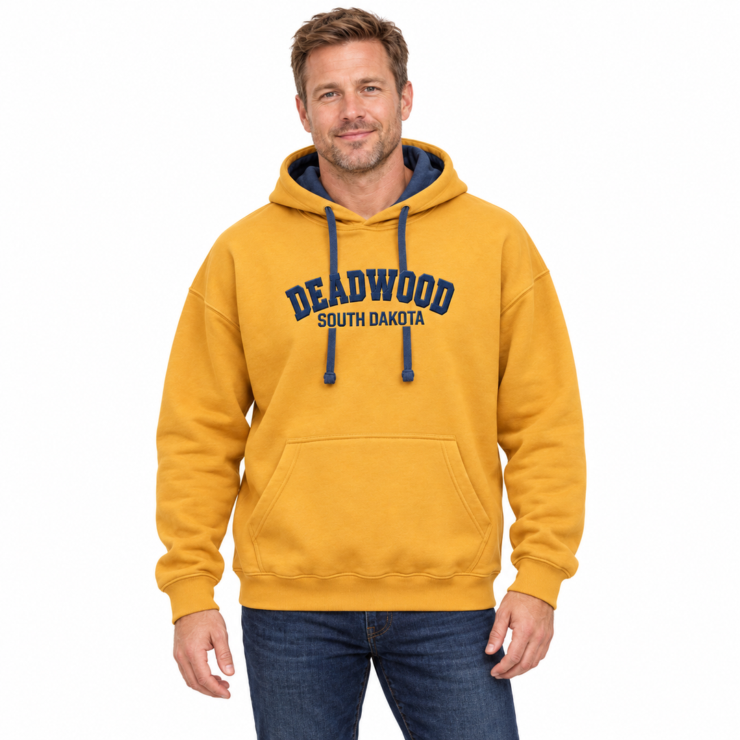Camel Deadwood embroidered unisex hoodie — front model styling preview showing embroidery