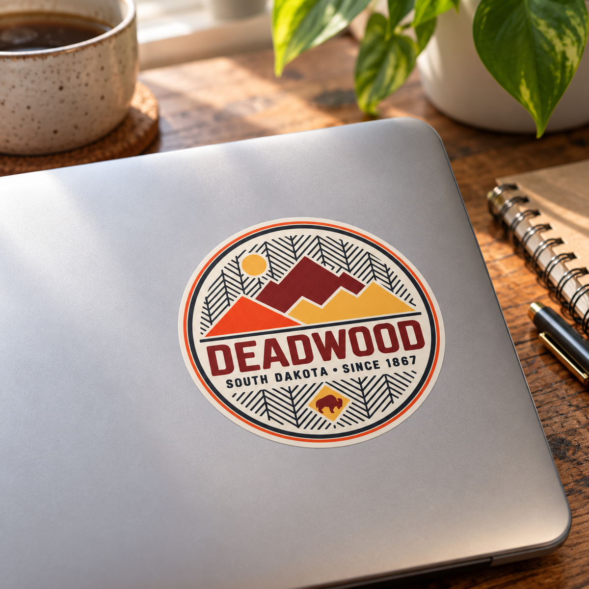 Deadwood Geometric Mountains & Bison Round Sticker on a laptop — lifestyle mockup