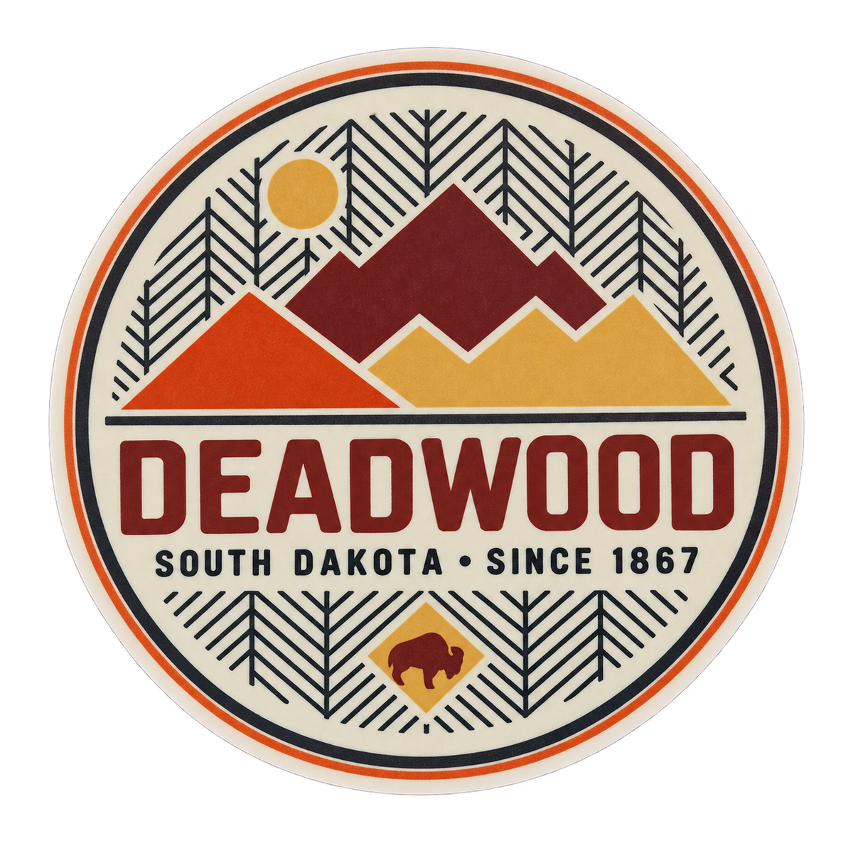 Deadwood Geometric Mountains & Bison Round Sticker isolated on transparent background
