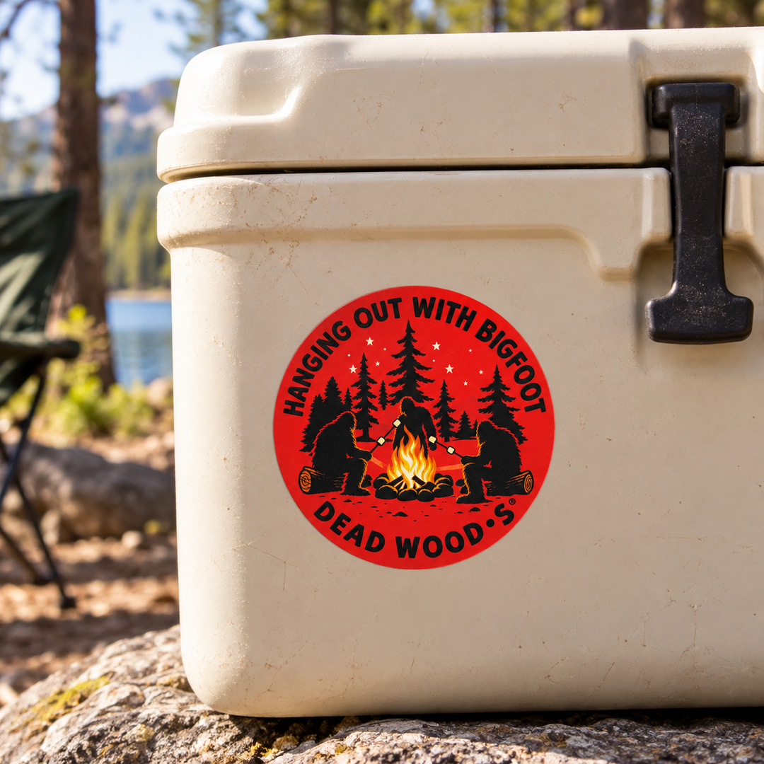 Deadwood Hanging Out with Bigfoot Campfire Sticker on a cooler — lifestyle display mockup; accessories not included
