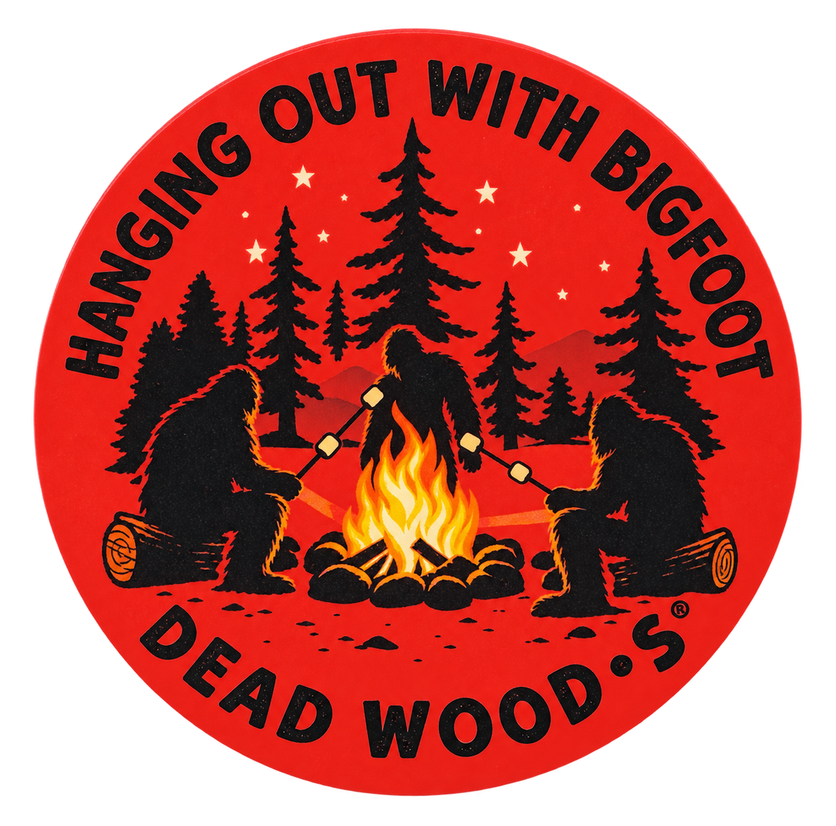 Deadwood Hanging Out with Bigfoot Campfire Sticker — isolated product view