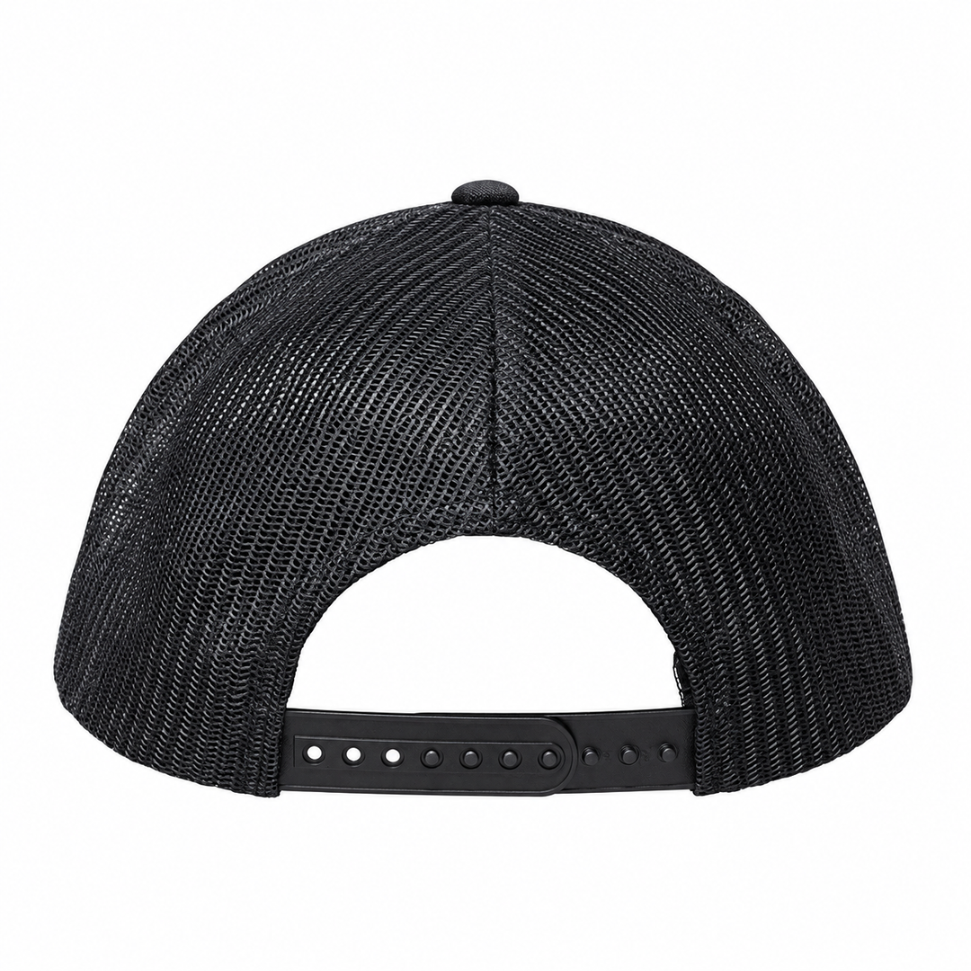Deadwood Heritage Badge Leather Patch Trucker Hat – Black; back product view
