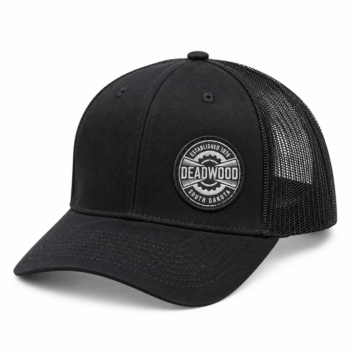 Deadwood Heritage Badge Leather Patch Trucker Hat – Black; left product view
