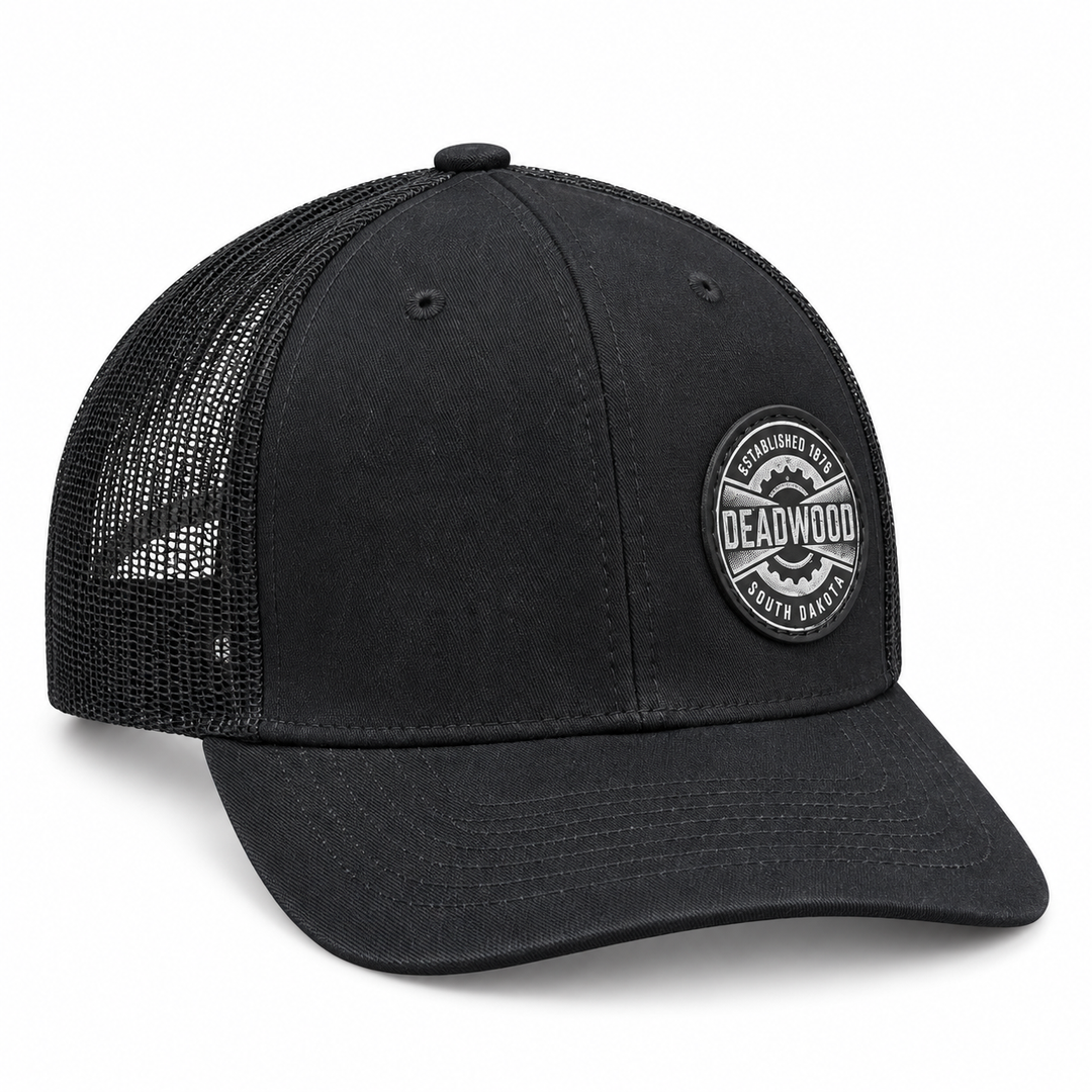 Deadwood Heritage Badge Leather Patch Trucker Hat – Black; right product view