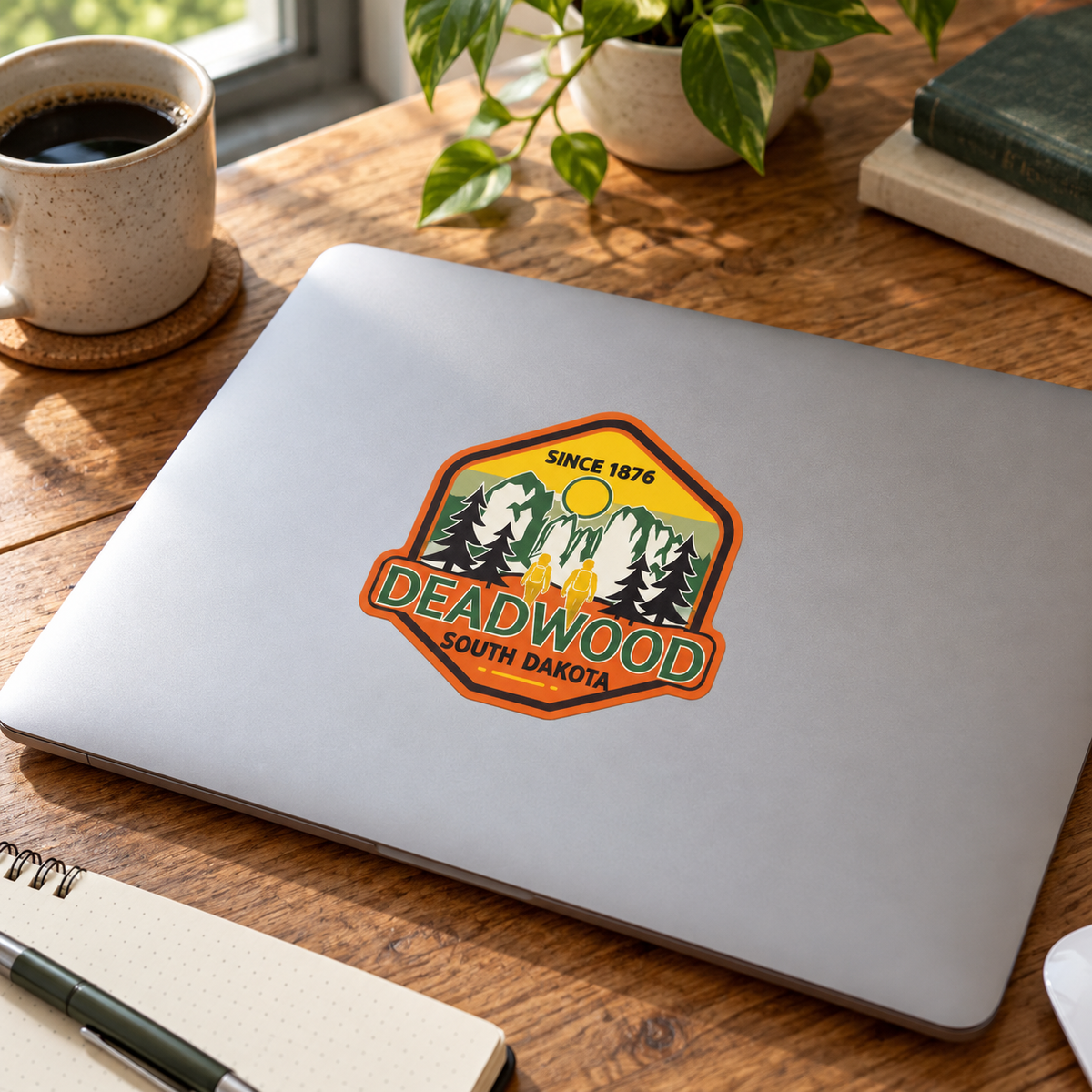 Deadwood Hiking Adventure Sticker – South Dakota shown on a laptop — lifestyle mockup