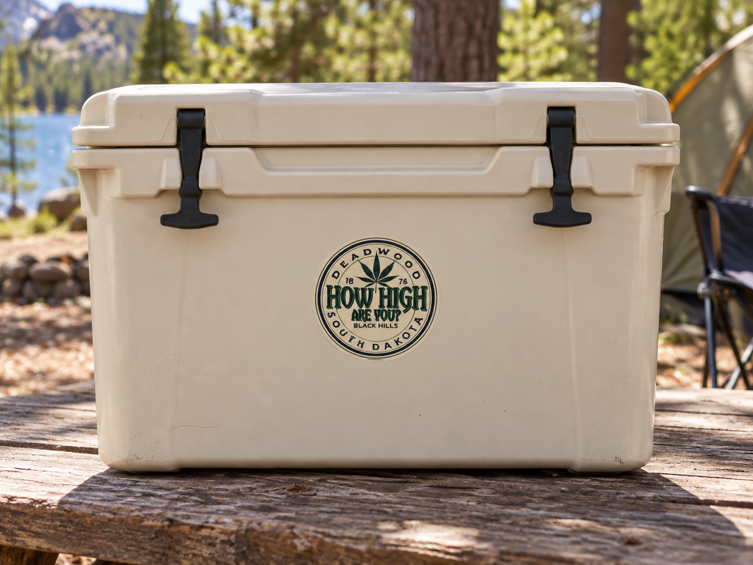Deadwood How High Are You Cannabis Leaf Round Sticker on a camping cooler at realistic scale