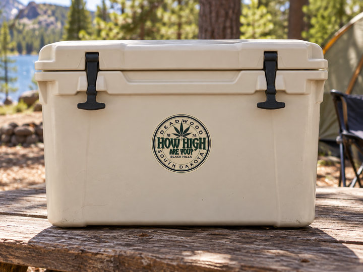 Deadwood How High Are You Cannabis Leaf Round Sticker on a camping cooler at realistic scale
