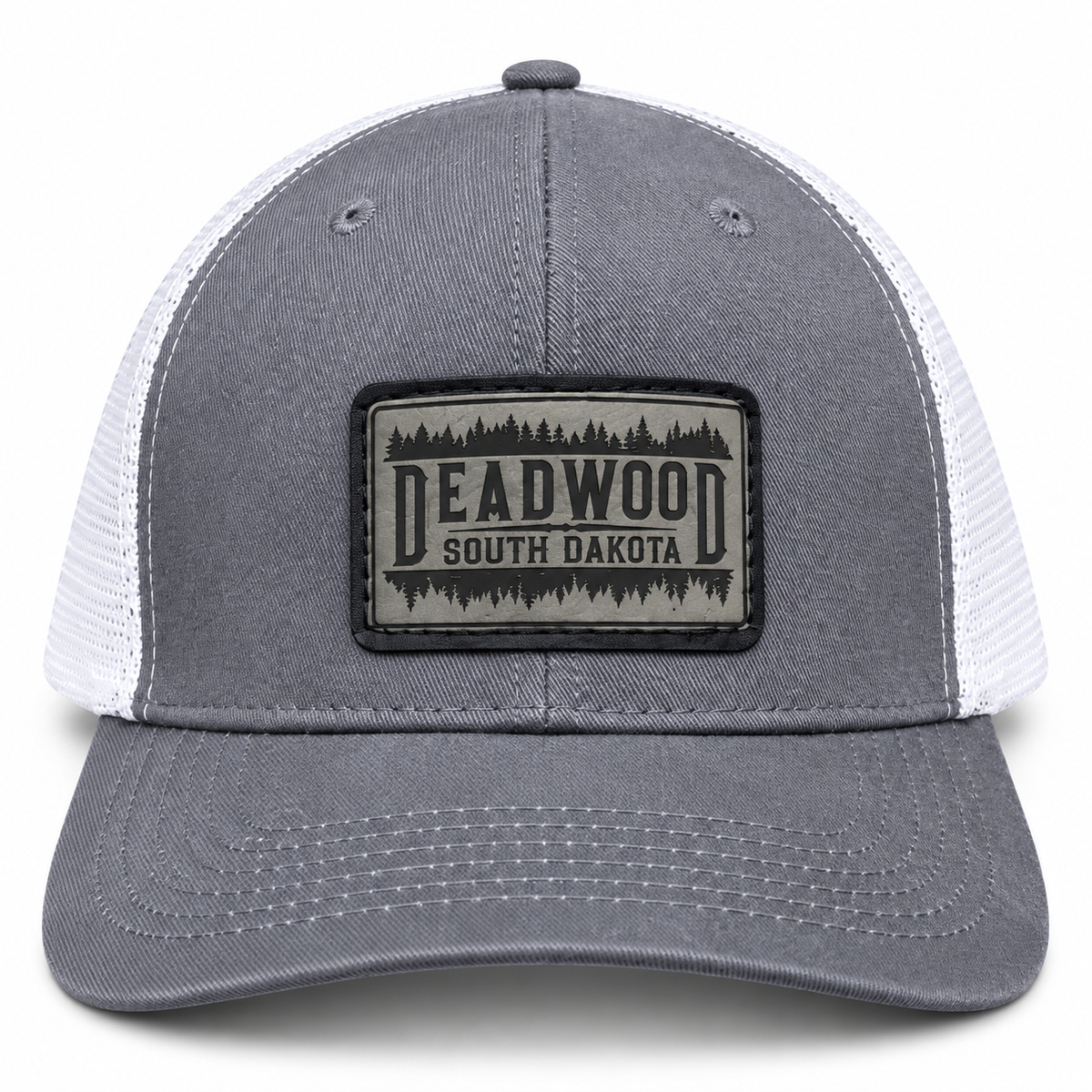 Gray and white Deadwood South Dakota hat with sewn leather forest patch, front view