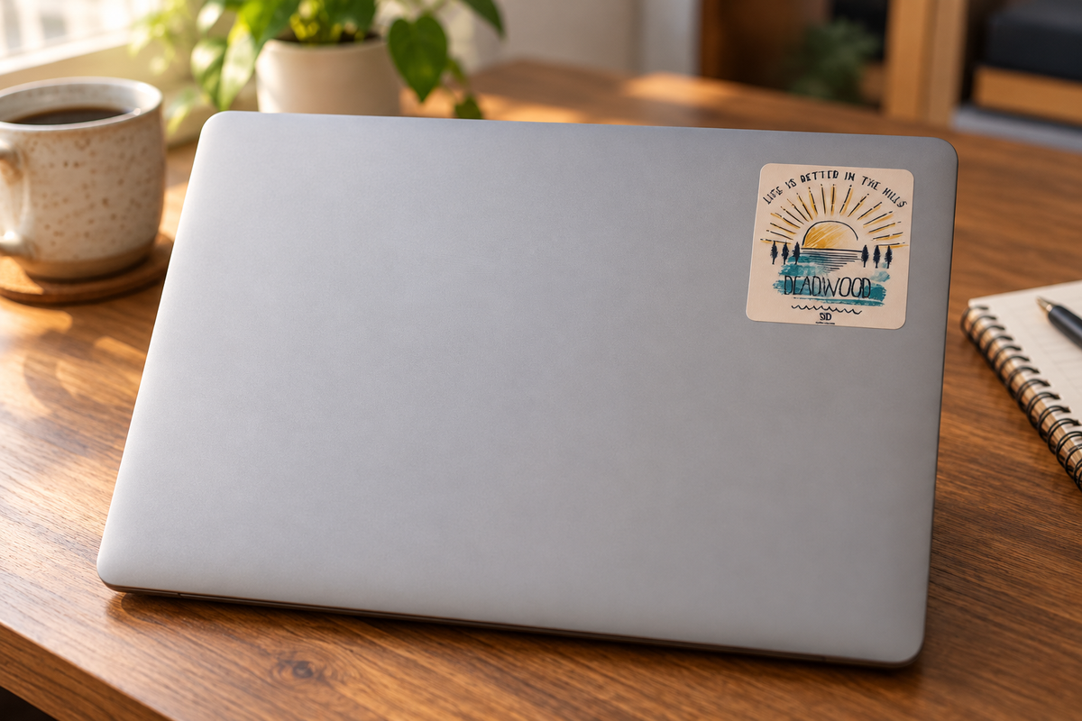 Deadwood Life Is Better in the Hills Sunset Sticker on a laptop cover at realistic scale