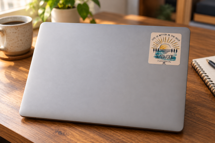 Deadwood Life Is Better in the Hills Sunset Sticker on a laptop cover at realistic scale