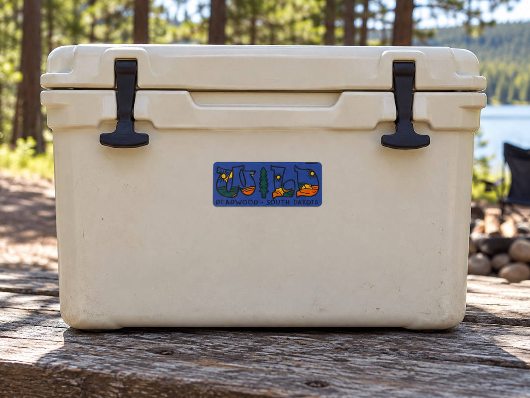 Deadwood LIVE Outdoor Lettering Sticker – Blue on a camping cooler at realistic scale