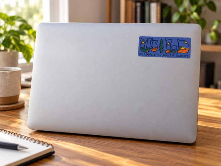 Deadwood LIVE Outdoor Lettering Sticker – Blue on a laptop cover at realistic scale