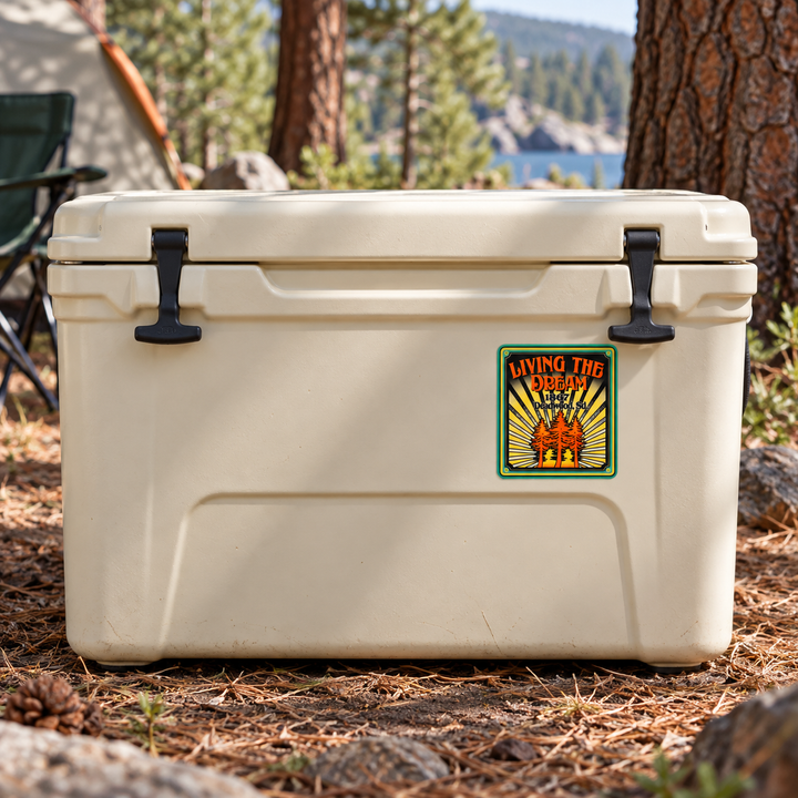 Deadwood Living the Dream Sunburst Sticker on a camping cooler — realistic scale lifestyle display; accessories not included