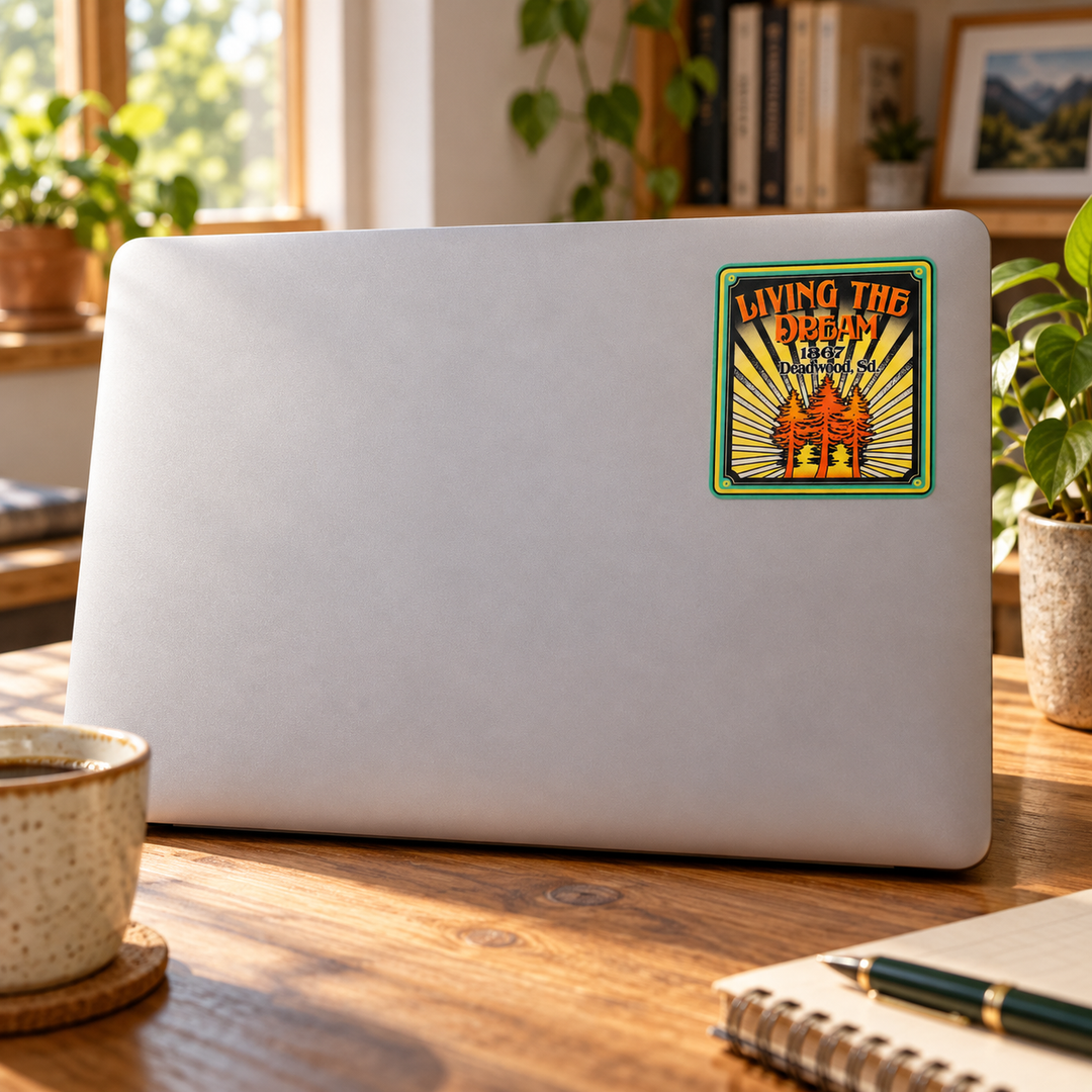 Deadwood Living the Dream Sunburst Sticker on a laptop cover — realistic scale lifestyle display; accessories not included