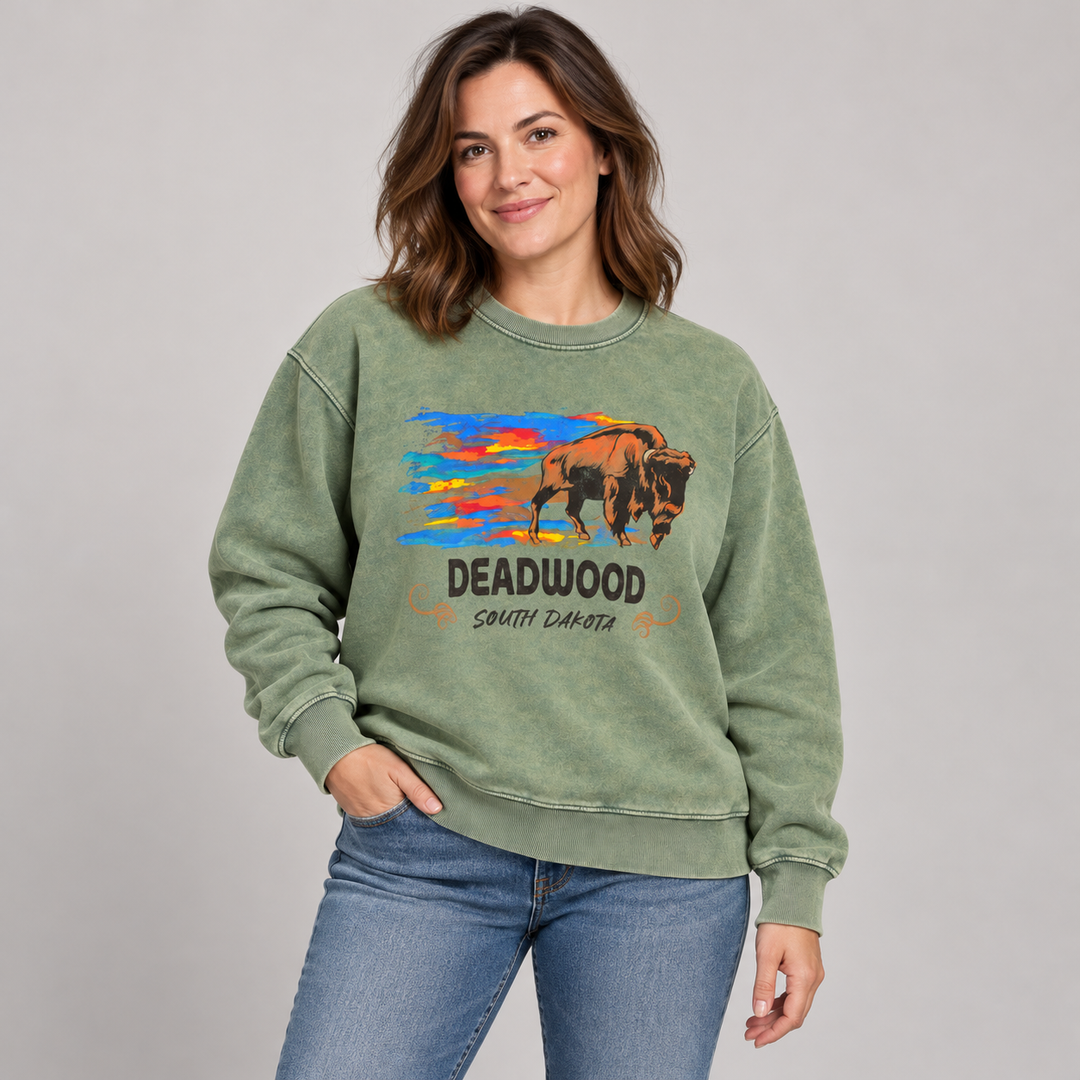 Deadwood Painted Buffalo crewneck, model styling preview front