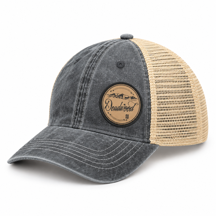 Deadwood Mountain Badge Leather Patch Trucker Hat – Washed Charcoal &amp; Tan; left product view